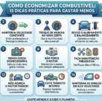 Infográfico explicativo com o título "Como Economizar Combustível: 15 Dicas Práticas para Gastar Menos". Apresenta uma grade numerada de 1 a 15 com ícones e orientações sobre calibragem de pneus, manutenção preventiva, condução suave e planejamento de rotas.