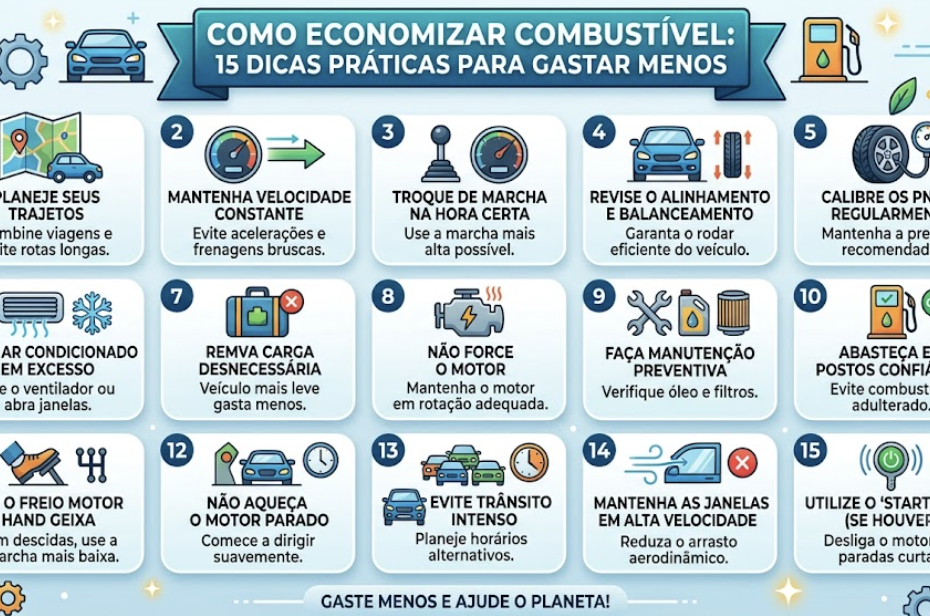 Infográfico explicativo com o título "Como Economizar Combustível: 15 Dicas Práticas para Gastar Menos". Apresenta uma grade numerada de 1 a 15 com ícones e orientações sobre calibragem de pneus, manutenção preventiva, condução suave e planejamento de rotas.