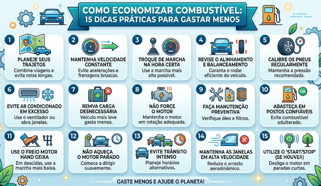 Infográfico explicativo com o título "Como Economizar Combustível: 15 Dicas Práticas para Gastar Menos". Apresenta uma grade numerada de 1 a 15 com ícones e orientações sobre calibragem de pneus, manutenção preventiva, condução suave e planejamento de rotas.