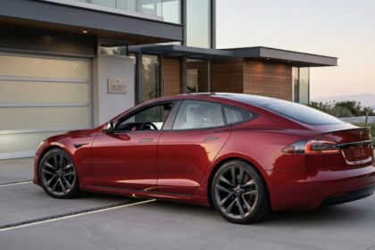 Fotografia realista de um sedan elétrico Tesla Model S na cor vermelho metálico,