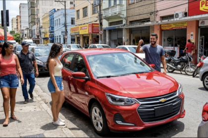 Fotografia de rua no Brasil mostrando um homem negro sorridente segurando as chaves de um carro hatchback popular vermelho metálico recém-adquirido, ao lado de uma mulher negra na calçada.