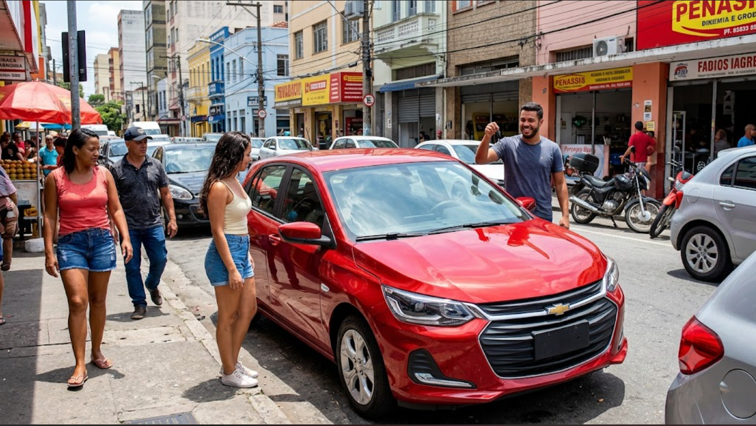 Fotografia de rua no Brasil mostrando um homem negro sorridente segurando as chaves de um carro hatchback popular vermelho metálico recém-adquirido, ao lado de uma mulher negra na calçada.